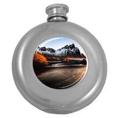 Vestrahorn Iceland Winter Sunrise Landscape Sea Coast Sandy Beach Sea Mountain Peaks With Snow Blue Round Hip Flask (5 Oz) by Sapixe