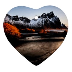 Vestrahorn Iceland Winter Sunrise Landscape Sea Coast Sandy Beach Sea Mountain Peaks With Snow Blue Heart Ornament (two Sides) by Sapixe