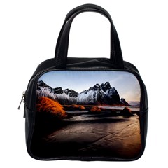 Vestrahorn Iceland Winter Sunrise Landscape Sea Coast Sandy Beach Sea Mountain Peaks With Snow Blue Classic Handbags (one Side) by Sapixe