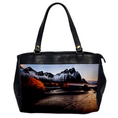 Vestrahorn Iceland Winter Sunrise Landscape Sea Coast Sandy Beach Sea Mountain Peaks With Snow Blue Office Handbags by Sapixe