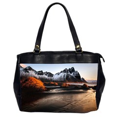 Vestrahorn Iceland Winter Sunrise Landscape Sea Coast Sandy Beach Sea Mountain Peaks With Snow Blue Office Handbags (2 Sides)  by Sapixe