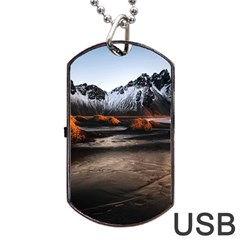 Vestrahorn Iceland Winter Sunrise Landscape Sea Coast Sandy Beach Sea Mountain Peaks With Snow Blue Dog Tag Usb Flash (two Sides) by Sapixe