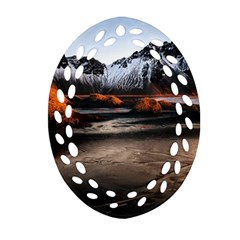 Vestrahorn Iceland Winter Sunrise Landscape Sea Coast Sandy Beach Sea Mountain Peaks With Snow Blue Oval Filigree Ornament (two Sides)