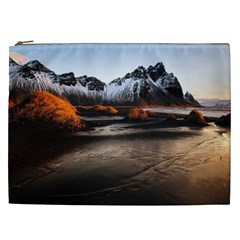 Vestrahorn Iceland Winter Sunrise Landscape Sea Coast Sandy Beach Sea Mountain Peaks With Snow Blue Cosmetic Bag (xxl)  by Sapixe