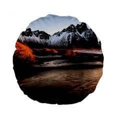 Vestrahorn Iceland Winter Sunrise Landscape Sea Coast Sandy Beach Sea Mountain Peaks With Snow Blue Standard 15  Premium Round Cushions by Sapixe