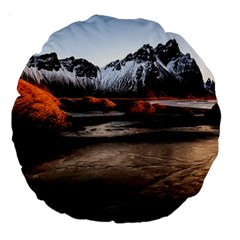 Vestrahorn Iceland Winter Sunrise Landscape Sea Coast Sandy Beach Sea Mountain Peaks With Snow Blue Large 18  Premium Round Cushions by Sapixe