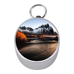 Vestrahorn Iceland Winter Sunrise Landscape Sea Coast Sandy Beach Sea Mountain Peaks With Snow Blue Mini Silver Compasses by Sapixe