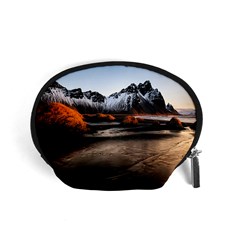 Vestrahorn Iceland Winter Sunrise Landscape Sea Coast Sandy Beach Sea Mountain Peaks With Snow Blue Accessory Pouches (small)  by Sapixe