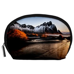 Vestrahorn Iceland Winter Sunrise Landscape Sea Coast Sandy Beach Sea Mountain Peaks With Snow Blue Accessory Pouches (large)  by Sapixe