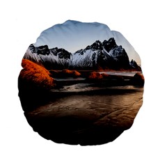 Vestrahorn Iceland Winter Sunrise Landscape Sea Coast Sandy Beach Sea Mountain Peaks With Snow Blue Standard 15  Premium Flano Round Cushions by Sapixe