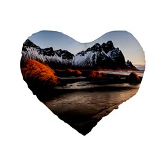 Vestrahorn Iceland Winter Sunrise Landscape Sea Coast Sandy Beach Sea Mountain Peaks With Snow Blue Standard 16  Premium Flano Heart Shape Cushions by Sapixe