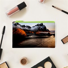 Vestrahorn Iceland Winter Sunrise Landscape Sea Coast Sandy Beach Sea Mountain Peaks With Snow Blue Cosmetic Bag (xs) by Sapixe