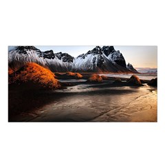 Vestrahorn Iceland Winter Sunrise Landscape Sea Coast Sandy Beach Sea Mountain Peaks With Snow Blue Satin Shawl by Sapixe