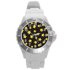 Yellow Stars Pattern Round Plastic Sport Watch (l) by Sapixe