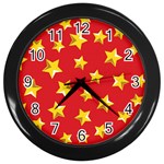 Yellow Stars Red Background Pattern Wall Clocks (Black) Front