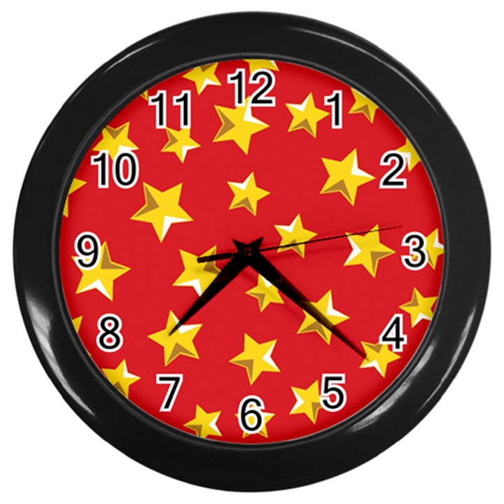 Yellow Stars Red Background Pattern Wall Clocks (Black)