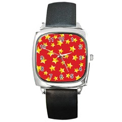 Yellow Stars Red Background Pattern Square Metal Watch by Sapixe