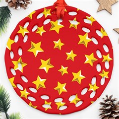 Yellow Stars Red Background Pattern Round Filigree Ornament (two Sides) by Sapixe