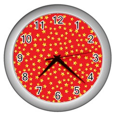 Yellow Stars Red Background Wall Clocks (silver)  by Sapixe