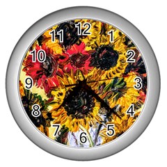 Sunflowers In A Scott House Wall Clocks (silver)  by bestdesignintheworld