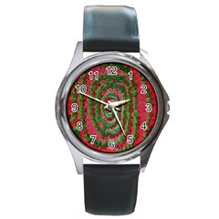 Red Green Swirl Twirl Colorful Round Metal Watch by Sapixe