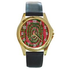 Red Green Swirl Twirl Colorful Round Gold Metal Watch by Sapixe