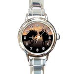 Horses Sunset Photoshop Graphics Round Italian Charm Watch Front