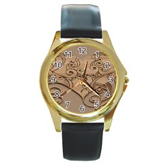 Wood Sculpt Carved Background Round Gold Metal Watch