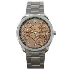 Wood Sculpt Carved Background Sport Metal Watch