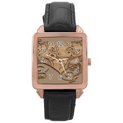 Wood Sculpt Carved Background Rose Gold Leather Watch 