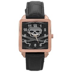 Skull Metal Background Carved Rose Gold Leather Watch  by Sapixe