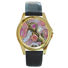 Retro Background Colorful Hippie Round Gold Metal Watch by Sapixe