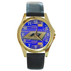 Processor Cpu Board Circuits Round Gold Metal Watch by Sapixe