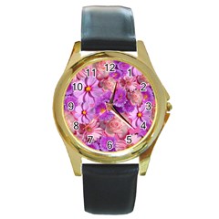 Flowers Blossom Bloom Nature Color Round Gold Metal Watch by Sapixe