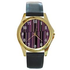 Shades Of Pink And Black Striped Pattern Round Gold Metal Watch by yoursparklingshop