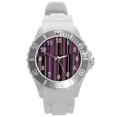 Shades Of Pink And Black Striped Pattern Round Plastic Sport Watch (l) by yoursparklingshop