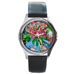 Paint, Flowers And Book Round Metal Watch