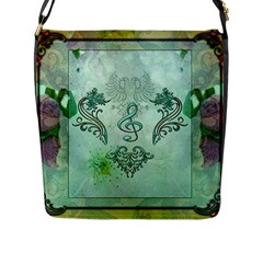 Music, Decorative Clef With Floral Elements Flap Messenger Bag (l)  by FantasyWorld7