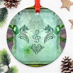 Music, Decorative Clef With Floral Elements Ornament (round) by FantasyWorld7