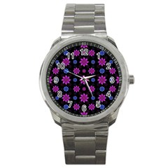 Stylized Dark Floral Pattern Sport Metal Watch by dflcprints