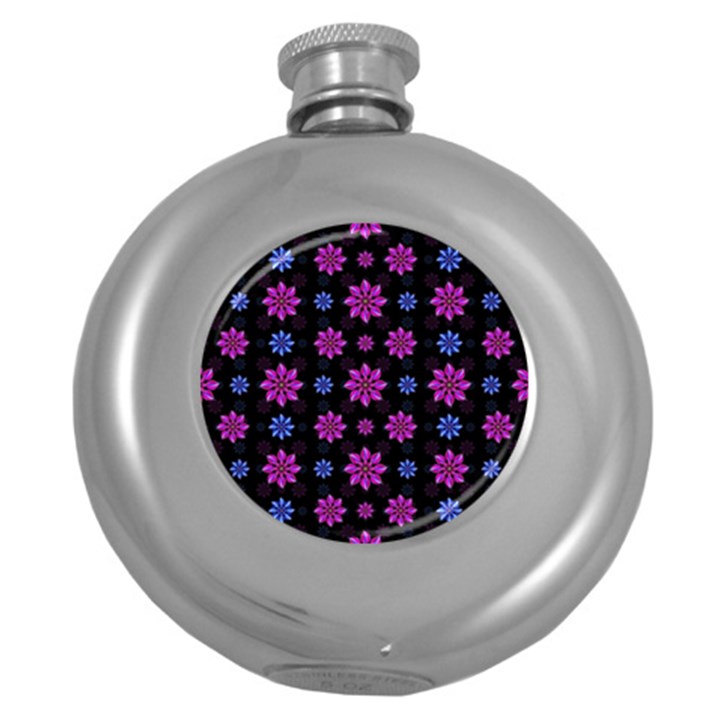 Stylized Dark Floral Pattern Round Hip Flask (5 oz)