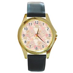 Cute Romantic Hearts Pattern Round Gold Metal Watch