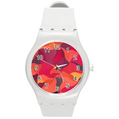 Red Orange Yellow Pink Art Round Plastic Sport Watch (m) by yoursparklingshop