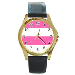 Horizontal Pink White Stripe Pattern Striped Round Gold Metal Watch by yoursparklingshop