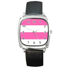 Horizontal Pink White Stripe Pattern Striped Square Metal Watch by yoursparklingshop