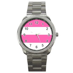 Horizontal Pink White Stripe Pattern Striped Sport Metal Watch by yoursparklingshop