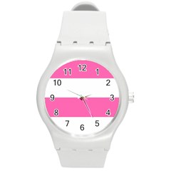 Horizontal Pink White Stripe Pattern Striped Round Plastic Sport Watch (m) by yoursparklingshop