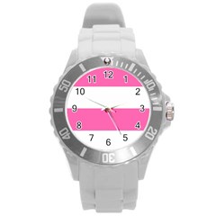 Horizontal Pink White Stripe Pattern Striped Round Plastic Sport Watch (l) by yoursparklingshop