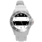 Black And White Striped Pattern Stripes Horizontal Round Plastic Sport Watch (L) Front