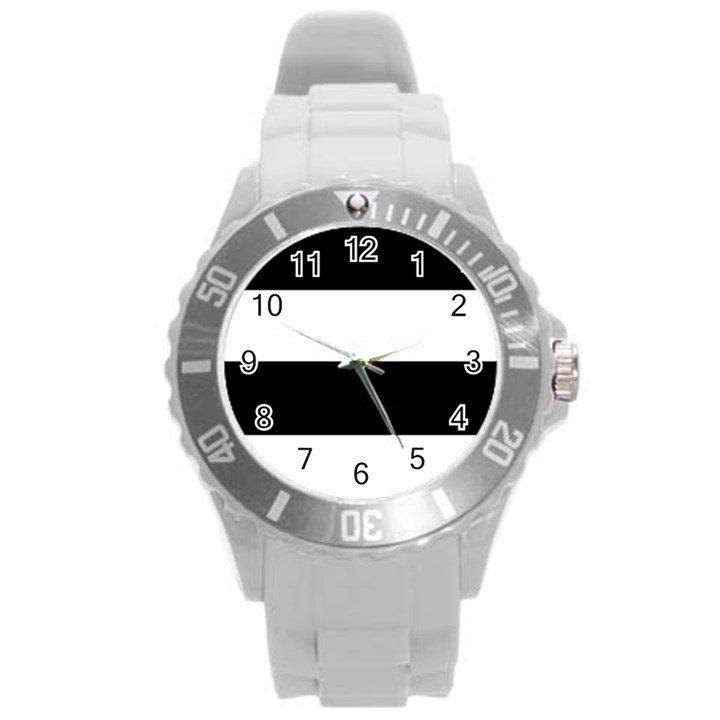 Black And White Striped Pattern Stripes Horizontal Round Plastic Sport Watch (L)